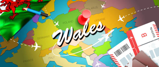 уэльс путешествия концепции карты фона с самолетами, билеты. посетите концепцию путешествия и туризма уэльса. флаг уэльса на карте. самолет - wales cardiff map welsh flag stock illustrations