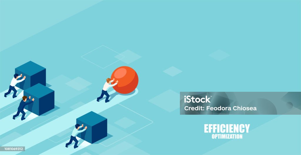 Businessman pushing a sphere leading the race against a group of slower businessmen pushing boxes Vector of a smart businessman pushing a sphere leading the race against a group of slower businessmen pushing boxes. Winning strategy in business concept Efficiency stock vector