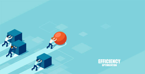 Businessman pushing a sphere leading the race against a group of slower businessmen pushing boxes Vector of a smart businessman pushing a sphere leading the race against a group of slower businessmen pushing boxes. Winning strategy in business concept Efficiency stock illustrations