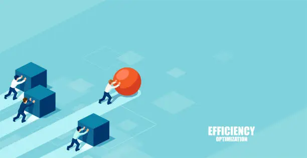 Vector illustration of Businessman pushing a sphere leading the race against a group of slower businessmen pushing boxes