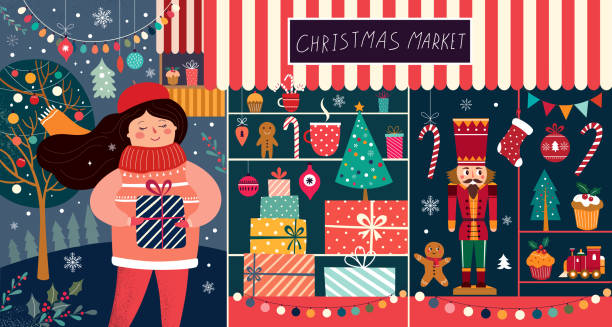 jarmark bożonarodzeniowy - christmas market stock illustrations