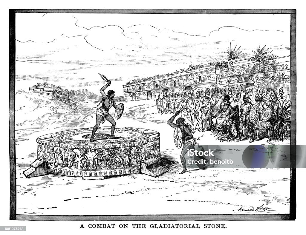 Combat on the gladiatorial stone Combat on the gladiatorial stone - Scanned 1890 Engraving Aztec Civilization stock illustration