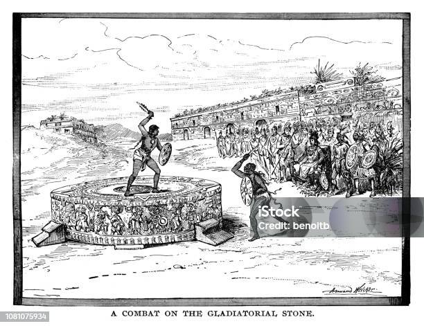 Combat On The Gladiatorial Stone Stock Illustration - Download Image Now - Aztec Civilization, Warrior - Person, Women