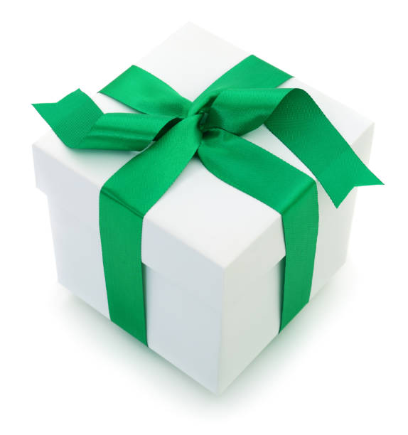istock White gift box with green ribbon. 1081076998