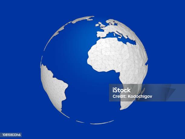 Polygonal Planet 3d Render Earth Globe Illustration On Blue Background Stock Photo - Download Image Now