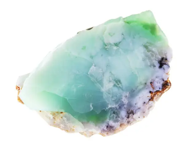 macro photography of natural mineral from geological collection - rough chrysophrase (chrysoprase) stone on white background