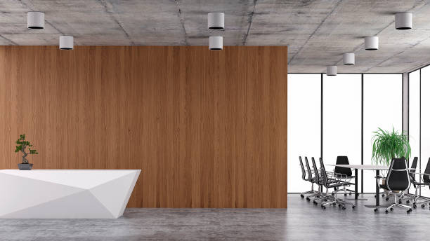 istock Modern interior with conference table and chairs and reception desk 1081089882