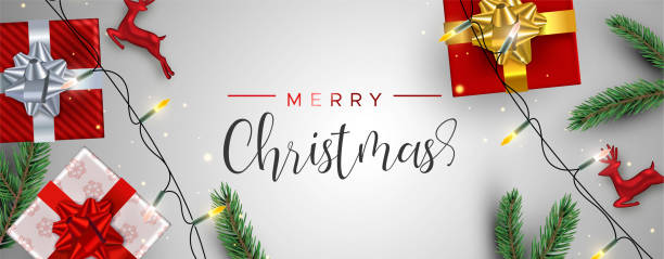 istock Red Christmas gifts and reindeer decoration banner 1081090950