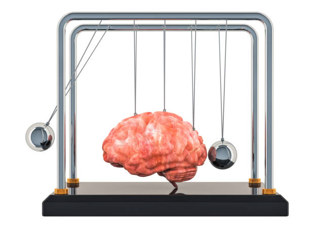 choroba mózgu lub zniszczenie, koncepcja utraty pamięci. kołyska newtona z mózgiem. renderowanie 3d izolowane na białym tle - alzheimers disease brain healthcare and medicine aging process zdjęcia i obrazy z banku zdjęć