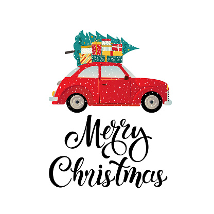 Merry christmas stylized typography. Vintage red car christmas tree and gift boxes. Vector flat style illustration.
