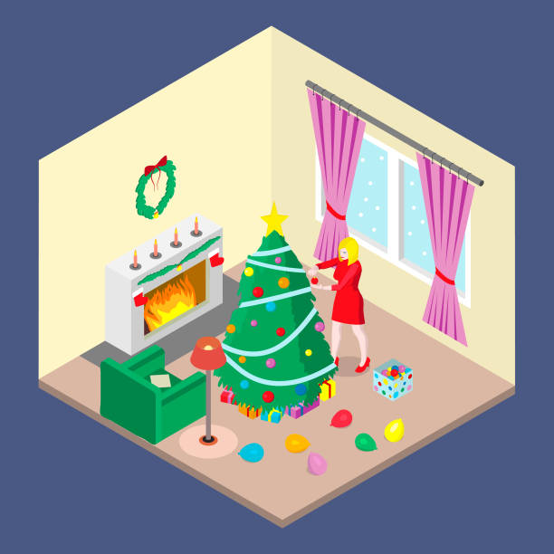 ilustrações de stock, clip art, desenhos animados e ícones de a girl is decorating a christmas tree. - balloon child winter snow