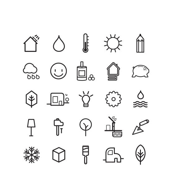 pictos, passive house, construction, icons, ecology, environment series of pictos and symbols on the theme of ecology, passive house, clean habita, sustainable energy wood burning stove stock illustrations
