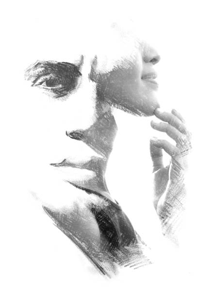 istock Paintography. Double exposure. Woman's profile portrait combined with hand drawn handsome man's face 1081098054