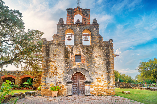 Stock photograph of Mission Espada in San Antonio Texas USA. It is part of the San Antonio Missions UNESCO World Heritage Site. Mission San Jose was founded in the early 18th  century as a Spanish Roman Catholic colonial mission.