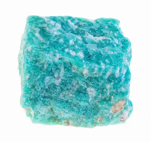 macro photography of natural mineral from geological collection - raw amazonite (amazon) stone on white background
