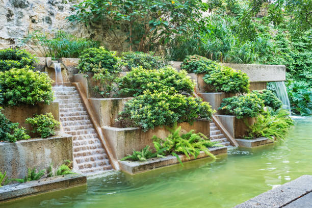 Stone wall background with a waterfall