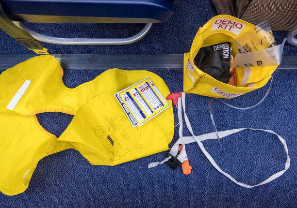 Passenger airplane RYANAIR airline. Contents Demo kit for pre-flight briefing on passenger safety Poznan, Poland - December 08, 2018: Passenger airplane RYANAIR airline. Contents Demo kit for pre-flight briefing on passenger safety oxygen mask plane stock pictures, royalty-free photos & images