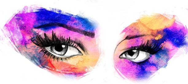 istock Hand drawn watercolor eyes.  luxurious eye with perfectly shaped eyebrows and full lashes. 1081120096