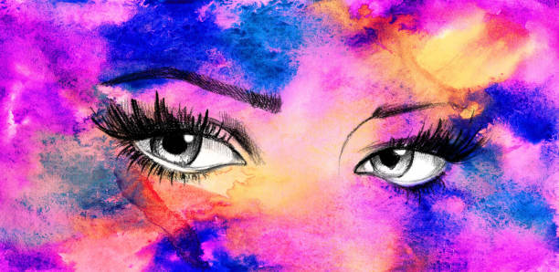 istock Hand drawn watercolor eyes.  luxurious eye with perfectly shaped eyebrows and full lashes. 1081120168