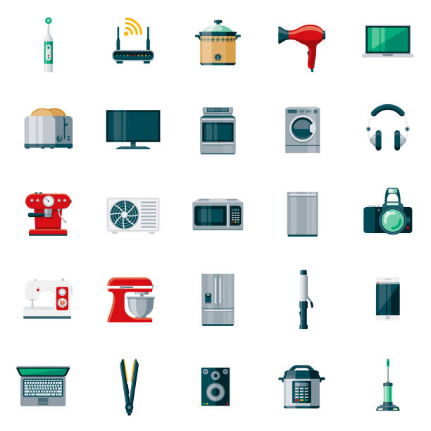 illustrations, cliparts, dessins animés et icônes de appareils électroménagers design plat icon set - four objects audio