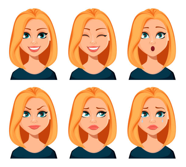Face expressions of woman with blond hair Face expressions of woman with blond hair. Different female emotions set. Beautiful cartoon character modern business woman. Vector illustration isolated on white background. blonde hair stock illustrations