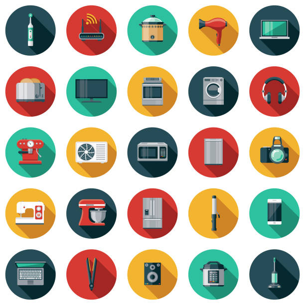 Home Appliances Flat Design Icon Set A flat design styled icon set with a long side shadow. Color swatches are global so it’s easy to edit and change the colors. group of objects illustrations stock illustrations