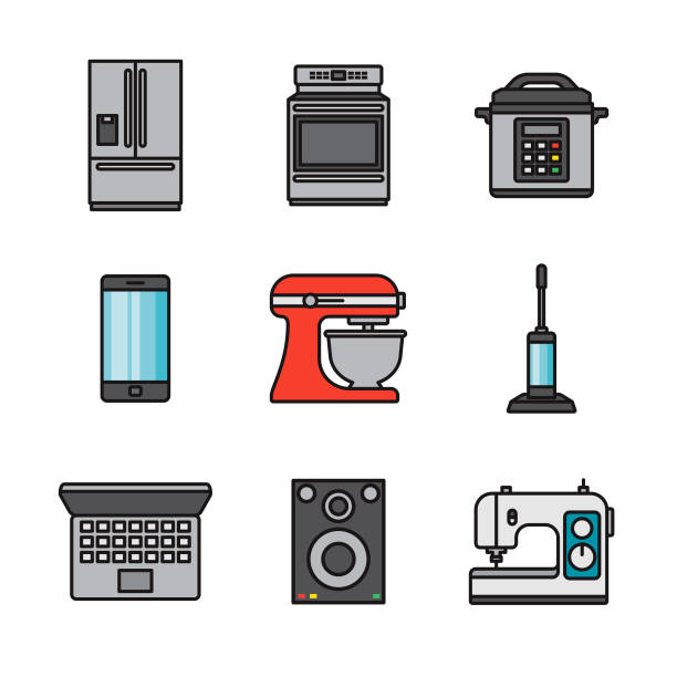 illustrations, cliparts, dessins animés et icônes de appareils ménagers thin line icon set - four objects audio