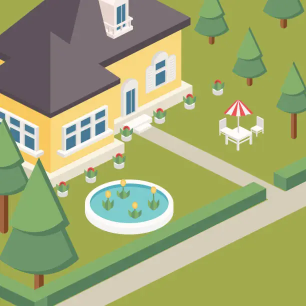 Vector illustration of Isometric Modular City Tiles - House with Pond