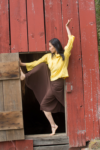 Shapes of a dancer complement a doorway in the side of a red barn on a farm in Ellington, Connecticut.