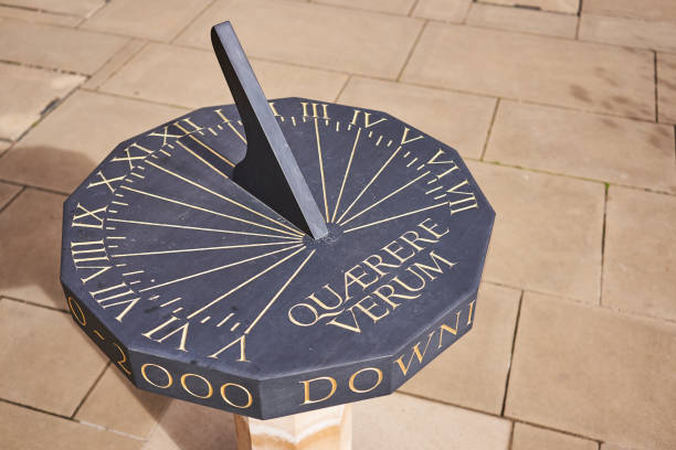 istock A horizontal bronze sundial on a stone pedestal. 1081136238