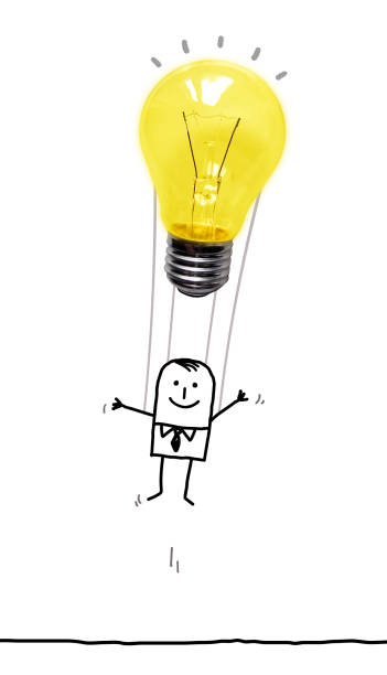 istock Cartoon Man in the Air with a Light Bulb Balloon 1081139268