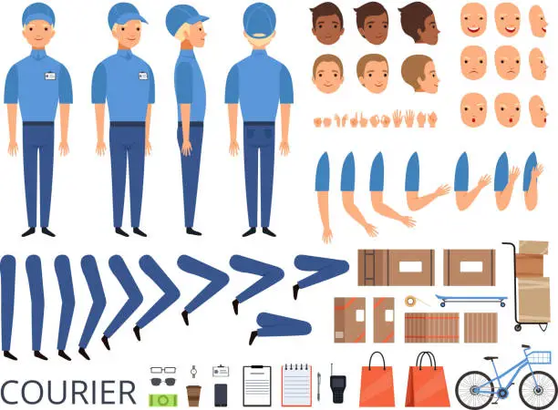 Vector illustration of Courier box character animation. Body parts head arms cap hands of warehouse worker faces vector creation kit