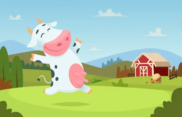 Vector illustration of Cow at farm. Field ranch milk animals eating and playing on the grass alpes landscape vector cartoon character background