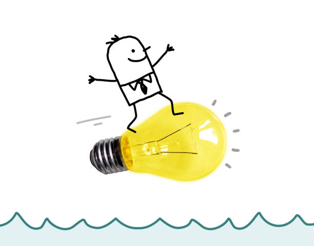 istock Cartoon Man Surfing on a big Light Bulb 1081146240