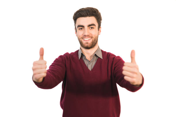 istock The happy man thumbs up on the white background 1081151468