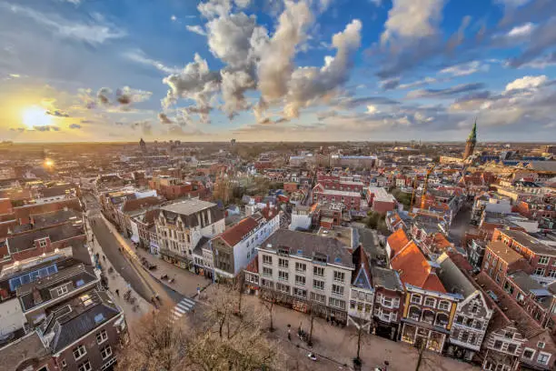 View over historic part of Groningen city at sunset