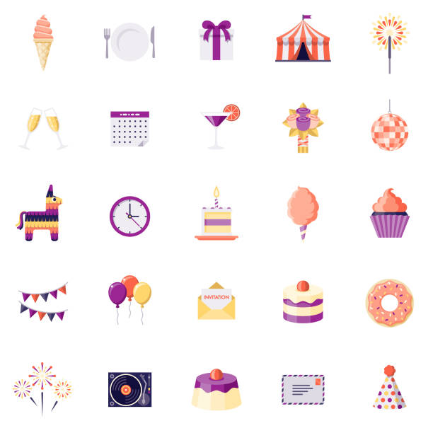 zestaw płaskich ikon na imprezie urodzinowej - birthday balloon bouquet clip art stock illustrations