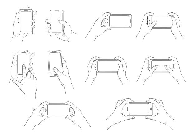 ilustrações de stock, clip art, desenhos animados e ícones de phone in hand. set of different gestures. isolated  contour. vector - sketching drawing human hand horizontal