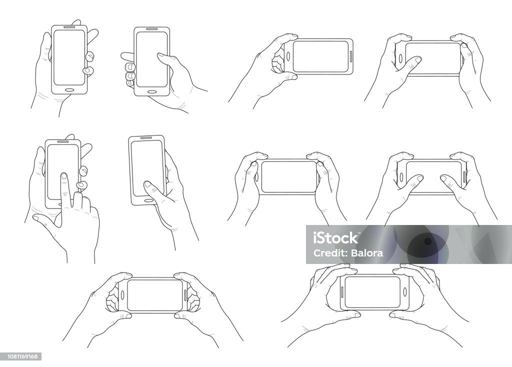 Phone in hand. Set of different gestures. Isolated  contour. Vector Phone in hand. Set of different gestures. Hands holding phone, tablet, smartphone.  Isolated  contour. Vector Telephone stock vector