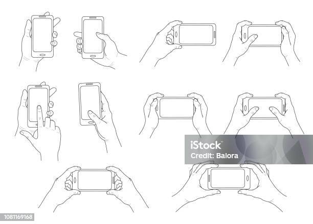 Phone In Hand Set Of Different Gestures Isolated Contour Vector Stock Illustration - Download Image Now