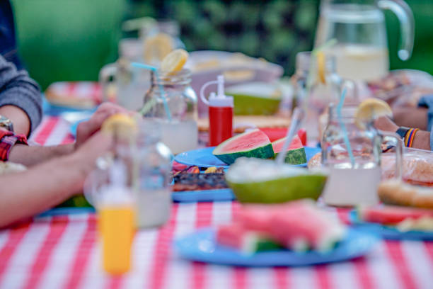 ピクニック用のテーブル - picnic watermelon tablecloth picnic table ストックフォトと画像