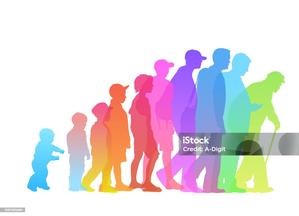 Aging Gracefully From baby boy to grown up man to senior walking with a cane Aging Process stock vector