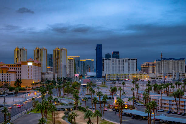 Las Vegas Moody Cityscape  on the strip in the evening hour Evening shot of Las Vegas hotels and casinos with palm trees in the foreground wynn las vegas stock pictures, royalty-free photos & images