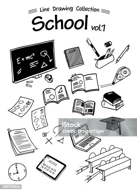 School 1 Line Drawing Collection Stock Illustration - Download Image Now - Article, Black Color, Cartoon