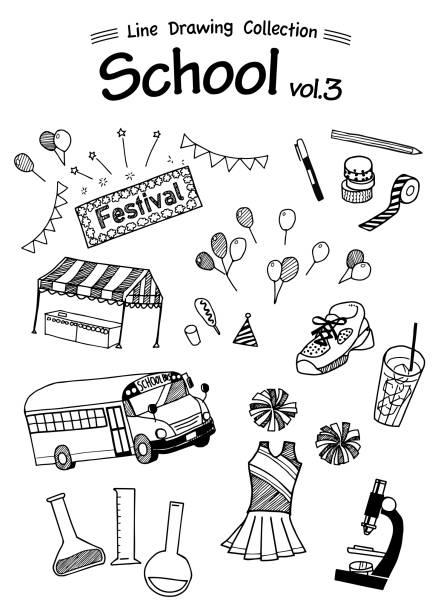 ilustrações de stock, clip art, desenhos animados e ícones de school 3 -line drawing collection- - bus school bus education cartoon