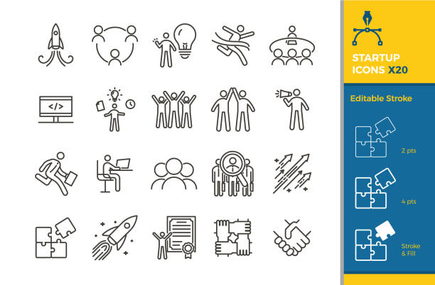 ilustrações de stock, clip art, desenhos animados e ícones de startup icon set. 20 vector illustration elements with editable stroke for business, career, motivation, success, entrepreneurship, teamwork - teamwork occupation creativity taking off