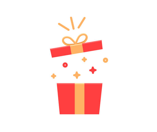 ilustraciones, imágenes clip art, dibujos animados e iconos de stock de caja de regalo de explosión con destellos y confeti. ilustración de vector icono plana para cumpleaños, navidad, promociones, concursos, marketing, etcetera - regalo