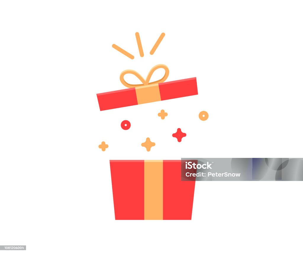 Подарочная коробка взрывается с блестками и конфетти. Вектор плоский значок иллюстрации на день рождения, Рождество, акции, конкурсы, марке - Векторная графика Подарок роялти-фри