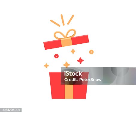 istock Gift box exploding with sparkles and confetti. Vector flat icon illustration for birthday, christmas, promotions, contests, marketing, etc 1081206004