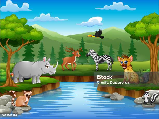 Animals Cartoon Are Enjoying Nature By The River Stock Illustration - Download Image Now - Agricultural Field, Agriculture, Animal